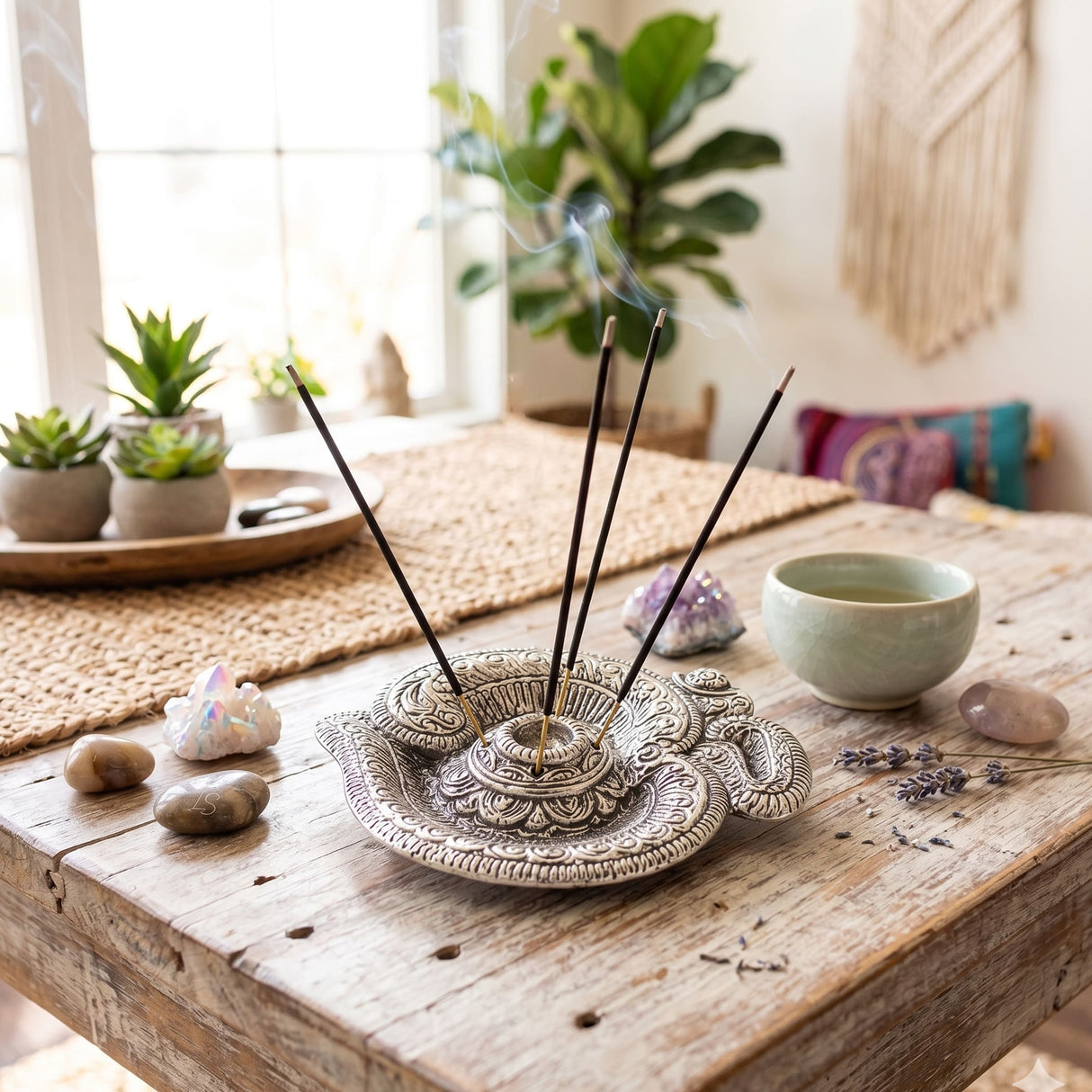 Silver-toned aluminum om incense holder with intricate mandala and elephant design for mess-free temple decor