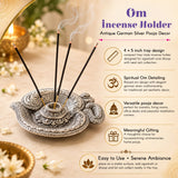 Antique German silver Om symbol aluminum incense holder with intricate raised design for temple pooja and meditation