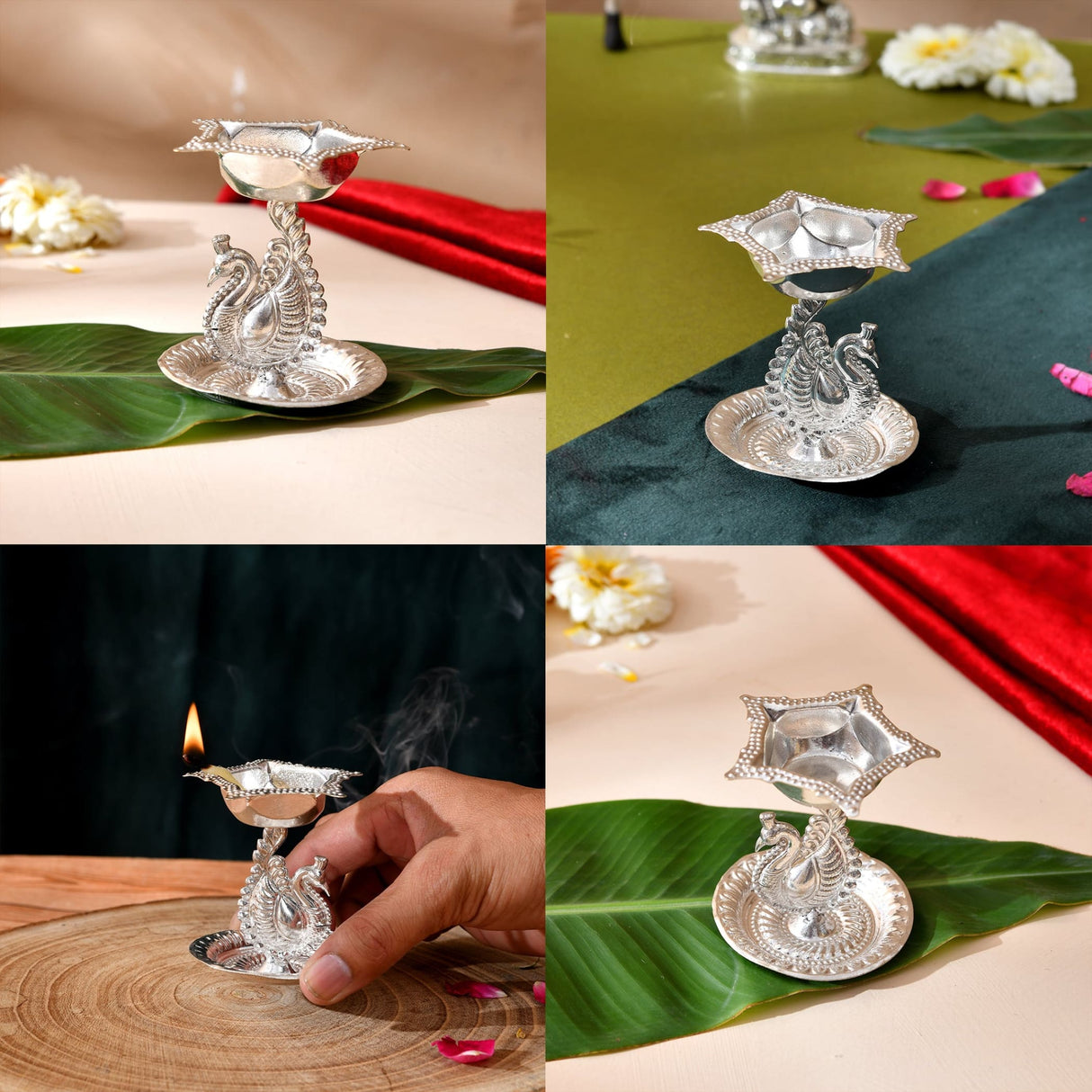 Silver plated peacock diya oil lamp with intricate engravings and star shaped holder for home pooja mandir and diwali decor
