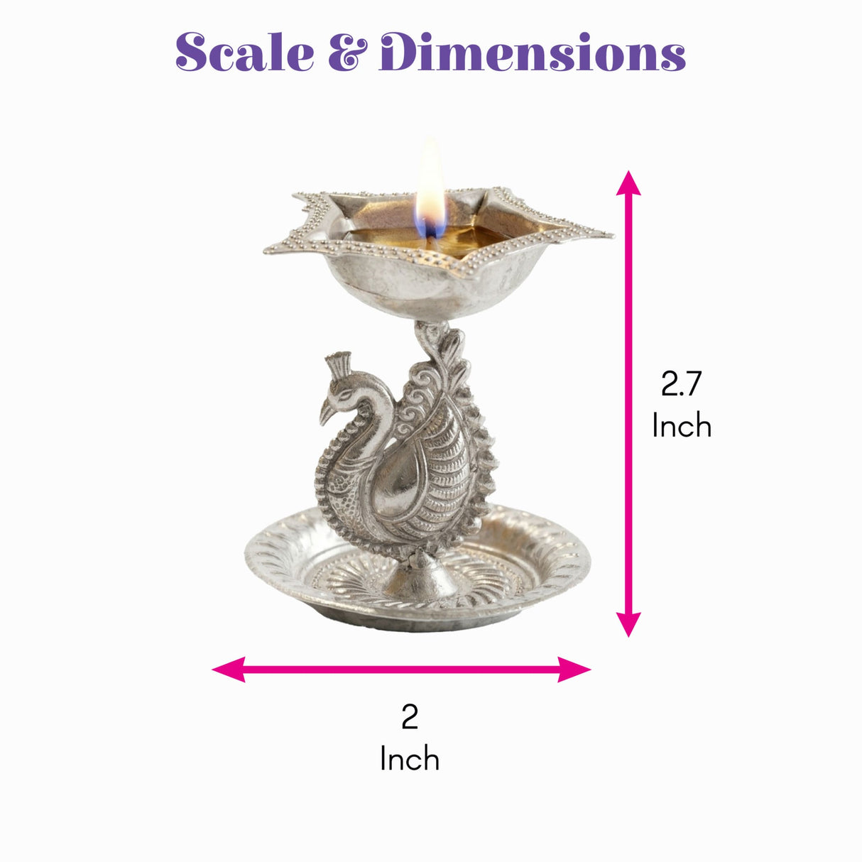 Silver plated peacock diya oil lamp with intricate engraved details and scalloped star like top for home pooja mandir