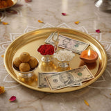 Golden metallic silver plated haldi kumkum holder tray with polished reflective surface for home temple puja use