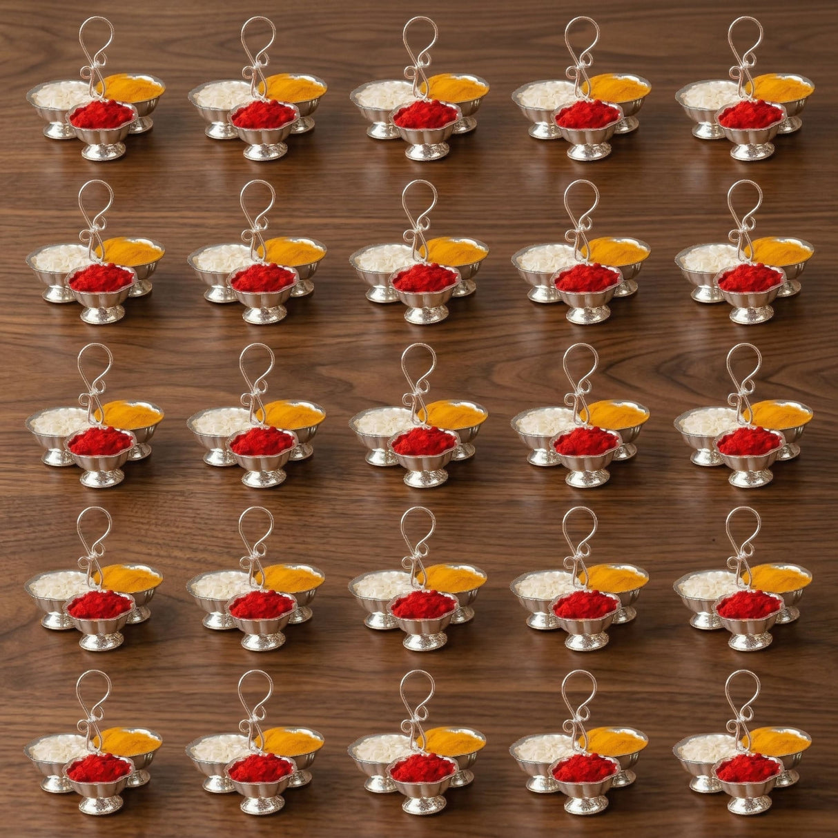 Silver plated haldi kumkum holder with red and yellow powder compartments for home temple and festive puja use