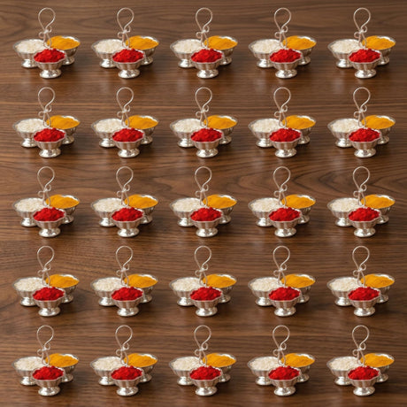 Silver plated haldi kumkum holder with red and yellow powder compartments for home temple and festive puja use