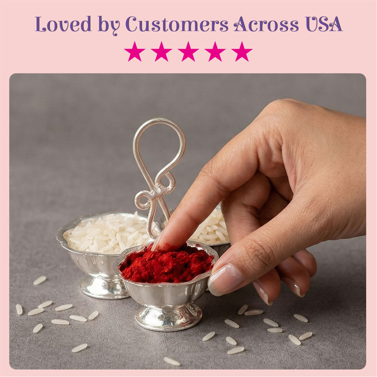 Silver plated ornate haldi kumkum holder with vibrant red powder for home temple puja and indian festival gift