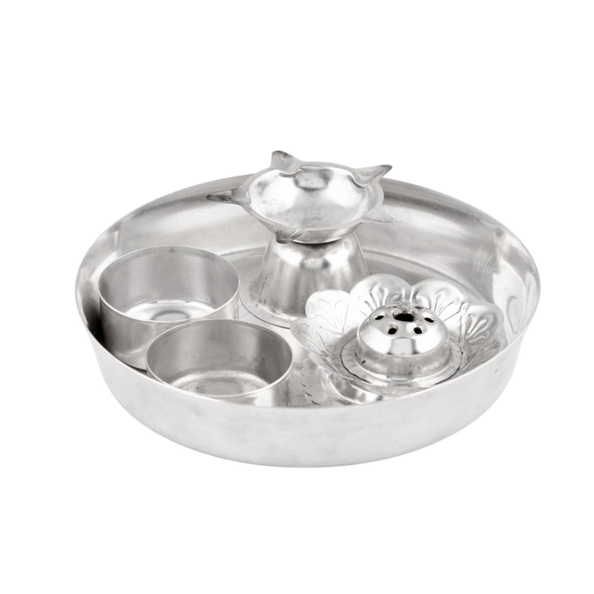 Silver plated 5-piece pooja thali set with lotus-shaped incense burner and two cylindrical holders for indian rituals