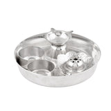 Silver plated 5-piece pooja thali set with lotus-shaped incense burner and two cylindrical holders for indian rituals
