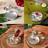 Silver plated 5-piece pooja thali set with silver metallic aarti tray featuring compartments for incense oil and powders
