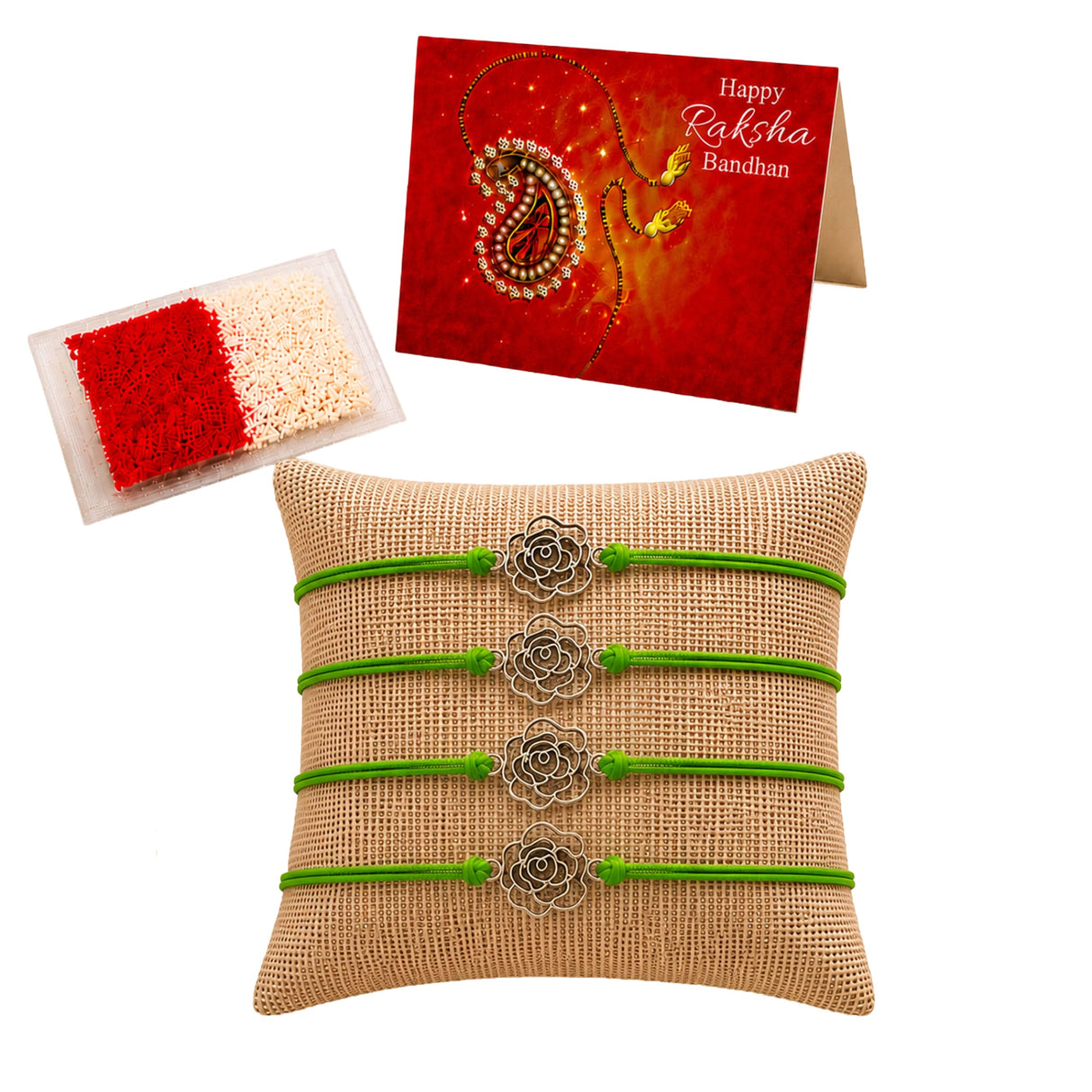 Set of four green cord rose charm rakhi with silver metal charms for brother and bhabhi traditional handmade gift