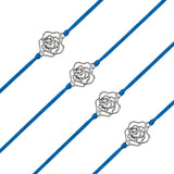 Four blue cord rose charm rakhis with silver toned accents traditional handmade bracelets for brother and bhabhi