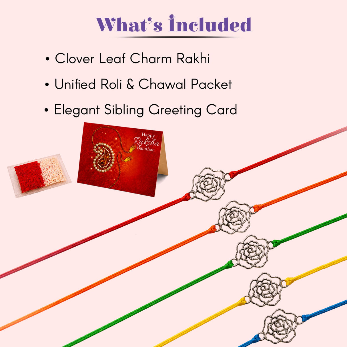Set of five colorful rose charm rakhi bracelets in red orange green yellow and blue for brother and bhabhi gift