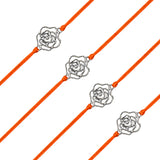 Orange cord rose charm rakhi featuring a delicate silver-toned rose charm for brother and bhabhi protection gift