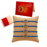 Set of four blue cord rose charm rakhi bracelets on burlap cushion traditional handmade protection gift
