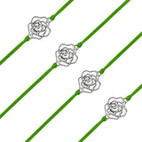 Silver rose charm bracelets with vibrant green cords in a set of four traditional handmade rakhi for brother and bhabhi