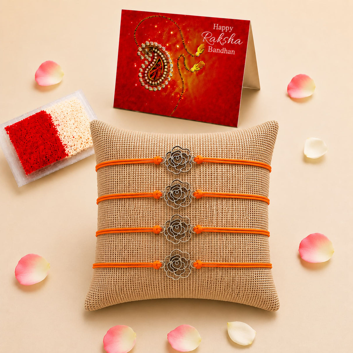 Four orange cord rakhi bracelets with silver rose-shaped charms on burlap pillow for brother and bhabhi gift
