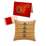 Set of four yellow thread rose charm rakhi bracelets on burlap cushion traditional handmade protection gift