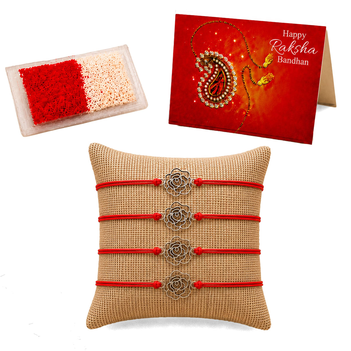Set of four red cord rose charm rakhi bracelets with silver metal charms on burlap for brother and bhabhi gift