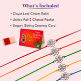 Five colorful handmade rakhi bracelets with delicate silver rose charms for brother and bhabhi protection and good luck