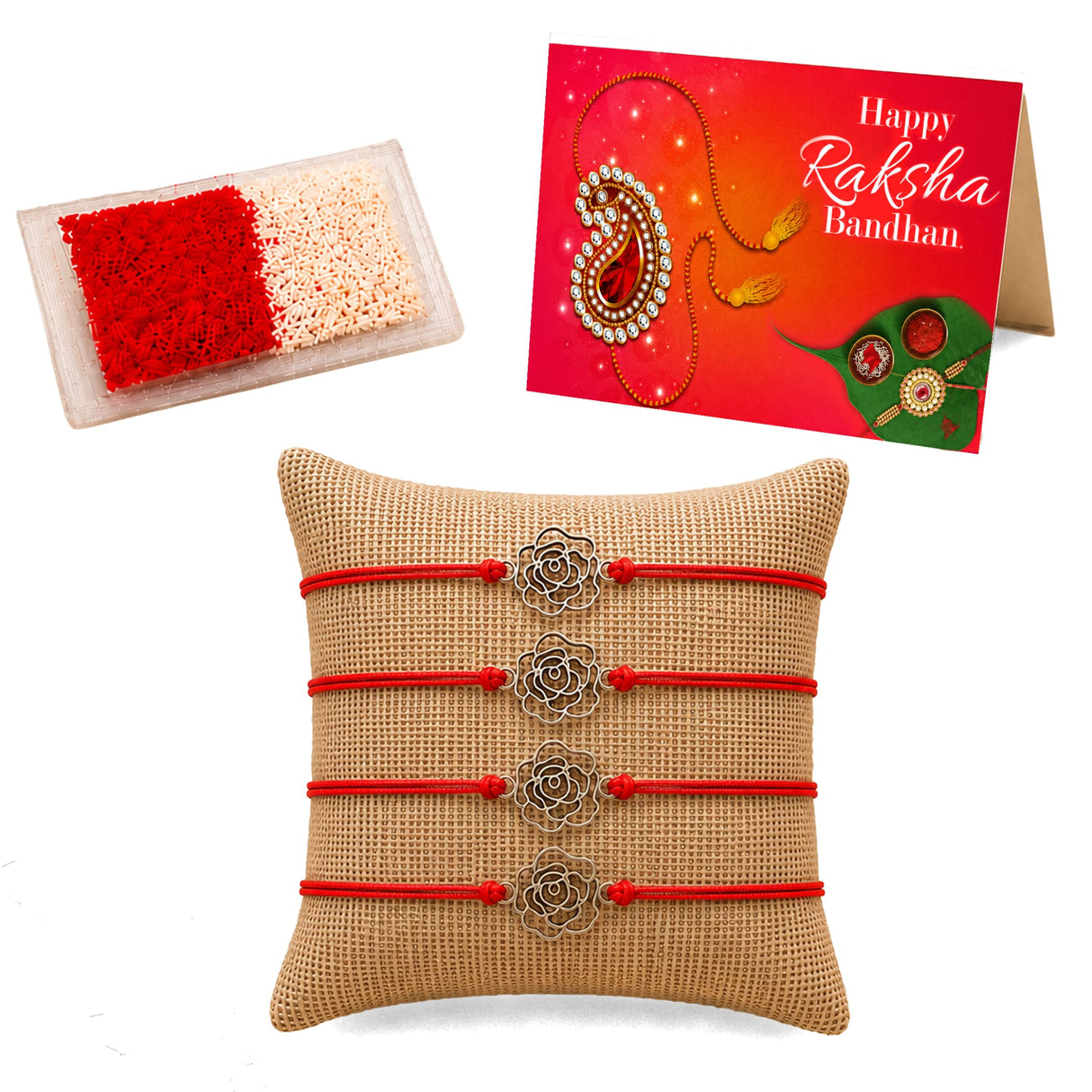 Four red cord rakhi bracelets with gold-toned rose metal pendants on beige burlap for brother and bhabhi gift