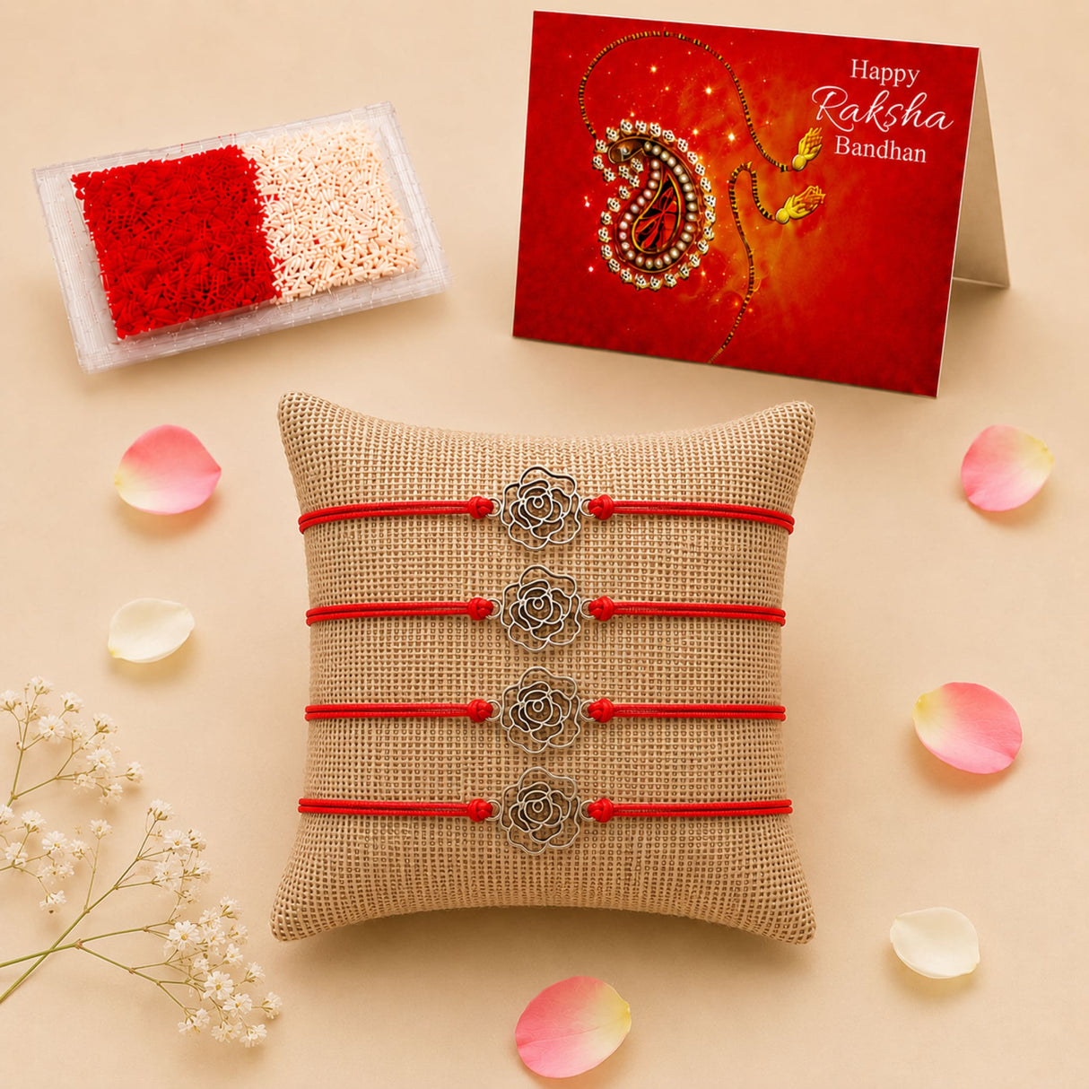 Four red cord rakhi bracelets with silver rose-shaped metal charms arranged on a burlap pillow for brother and bhabhi