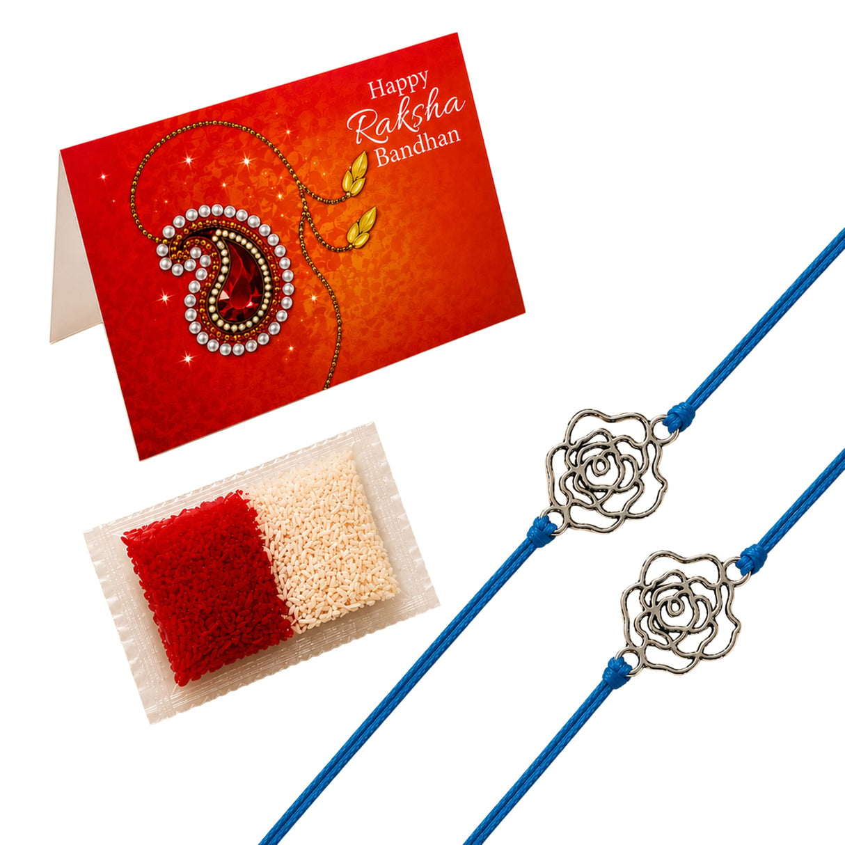 Set of four blue cord rakhi bracelets with silver rose charms on burlap cushion for brother and bhabhi gift