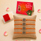 Set of four orange cord rakhi with silver rose shaped metal charms traditional handmade protection bracelets