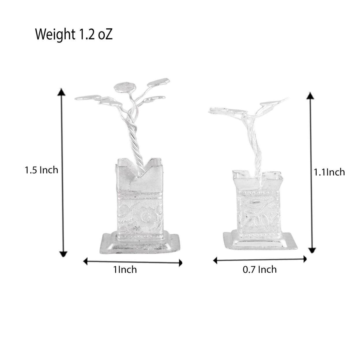 Silver plated miniature tulsi plant figurine with intricate twisted branches and detailed base for home pooja decor