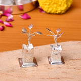 Silver plated tulsi plant with twisted stems and engraved square base for home pooja mandir decor and gifts