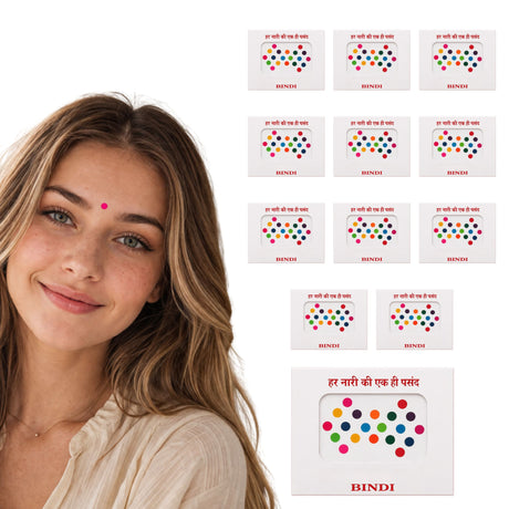 A woman wearing a single red simple bindi on her forehead for Indian wedding and bridal shower favors