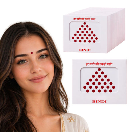 Simple red dot bindi with triangular adhesive dots on white packaging for indian wedding and bridal shower favors