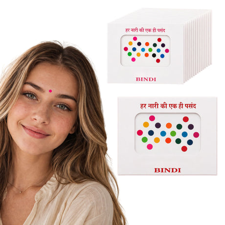 A woman wearing a pink bindi with colorful temporary bindis displayed for Indian wedding and bridal shower favors