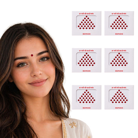 Simple bindi favor featuring red dot bindi with triangular pattern in white boxes labeled bindi with hindi text for indian wedding use
