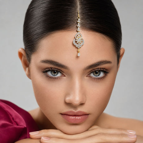 A delicate gold plated 1 ct small American diamond maang tikka with clear crystals and a teardrop pendant for Indian jewelry