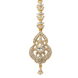 Gold-toned dangle earring with intricate leaf floral patterns featuring teardrop crystal and pave-set stones, gold plated jewelry