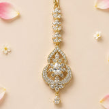 Gold-plated 1 ct small American diamond maang tikka with pear-shaped crystal and intricate floral design for Indian jewelry