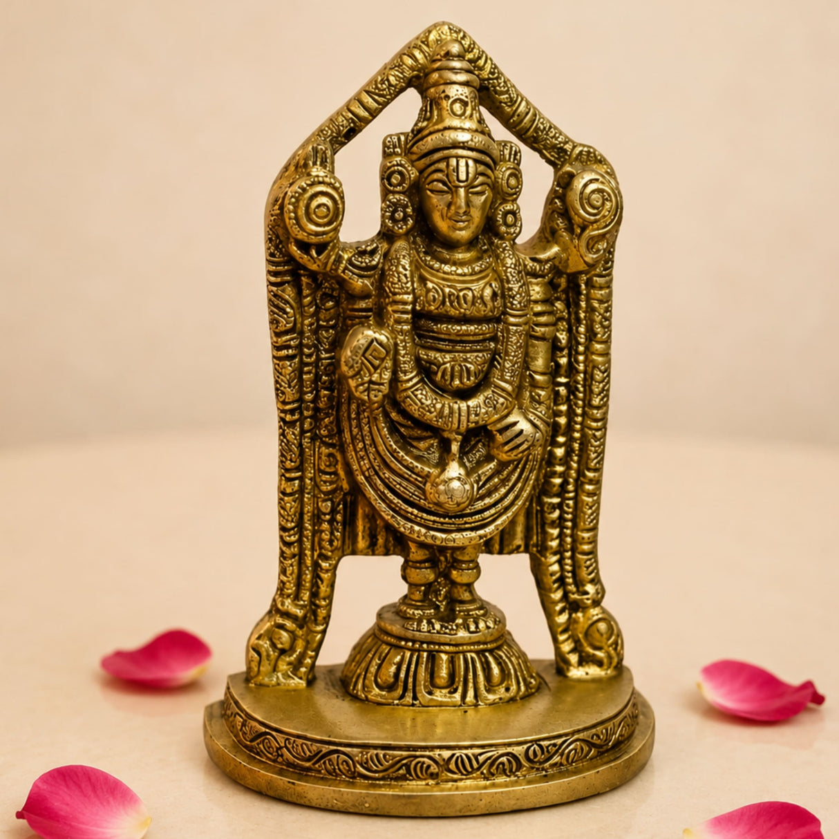 Small golden brass statue of lord venkateswara with intricate carvings for pooja and living room decoration