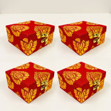 Small handmade red fabric jewelry boxes with gold damask patterns and brass clasps for indian pakistani wedding favors