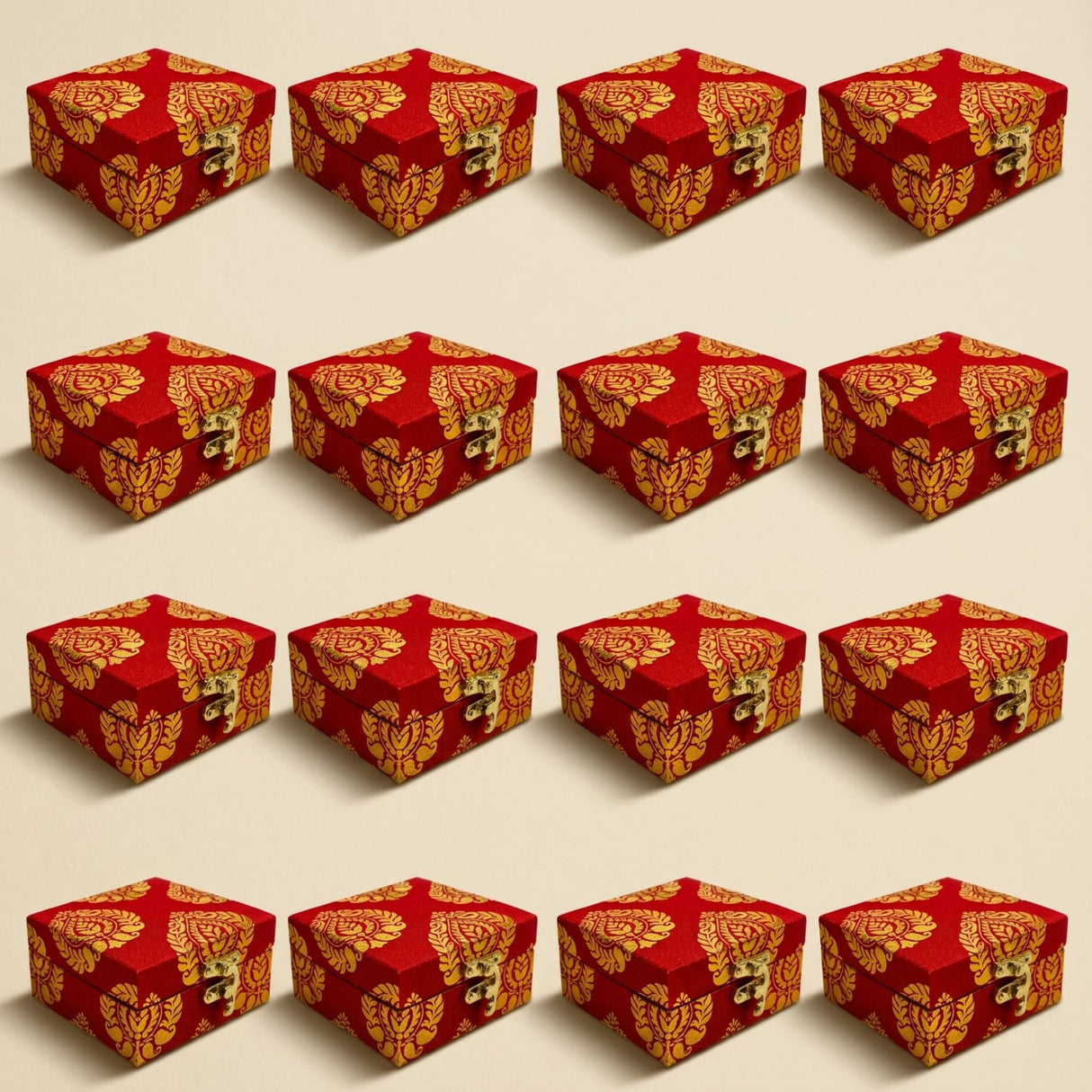 Small handmade red velvet jewelry boxes with gold floral brocade and brass latches for indian pakistani wedding favors