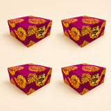 Small handmade jewelry box brocade gift boxes in vibrant magenta with gold floral patterns and brass clasps for weddings