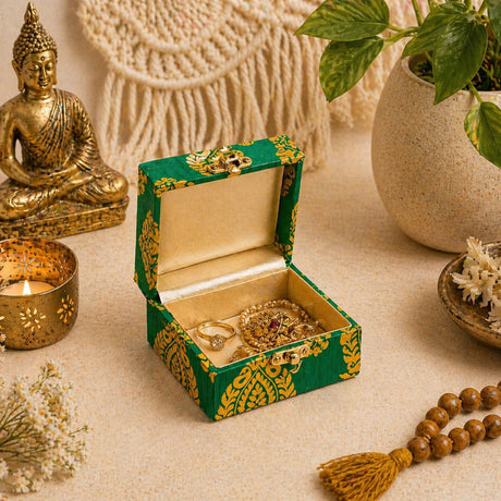 Green and gold brocade 4 piece gift box with gota patti work and ornate metal clasp for traditional Indian occasions