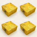 Golden square 4 piece small gift boxes with intricate gota patti brocade floral patterns and metallic clasps for weddings