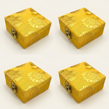 Golden square 4 piece small gift boxes with intricate gota patti brocade floral patterns and metallic clasps for weddings