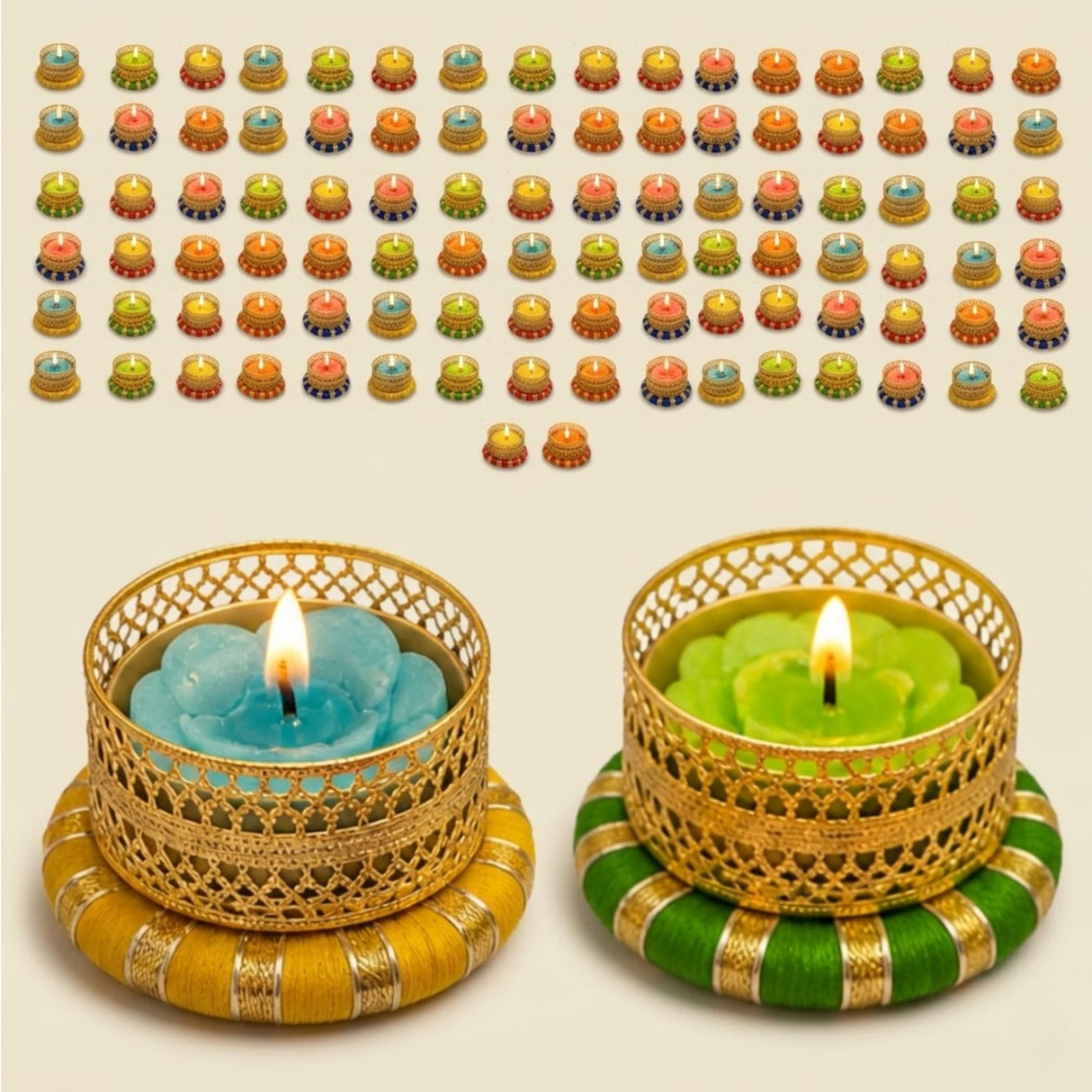 Gold filigree bulk small tealight candle holders with blue and green floral candles for festive home decor