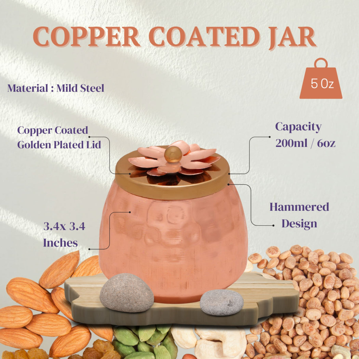 Hammered copper plating dryfruits jar with lid decorative