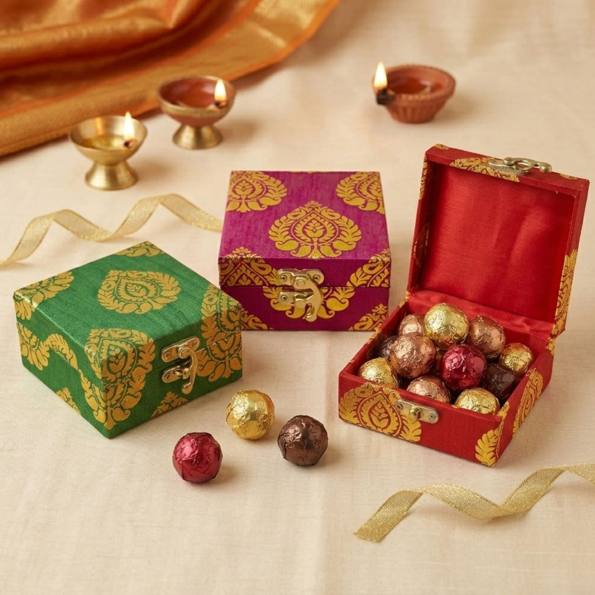 A vibrant red and gold brocade small handmade jewelry box with velvet interior filled with assorted foil-wrapped chocolates