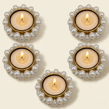Bulk small pearl gold tealight candle holders with pearl and rhinestone embellishments for festive home decor