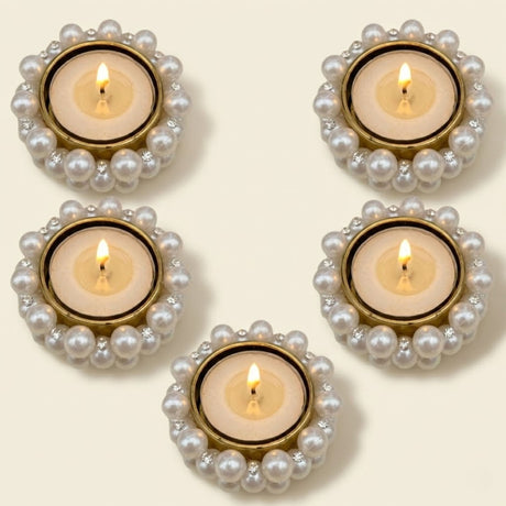 Bulk small pearl gold tealight candle holders with pearl and rhinestone embellishments for festive home decor