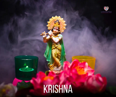 Statue of Krishna playing flute symbolizes Bhai Dooj and sibling relationships.