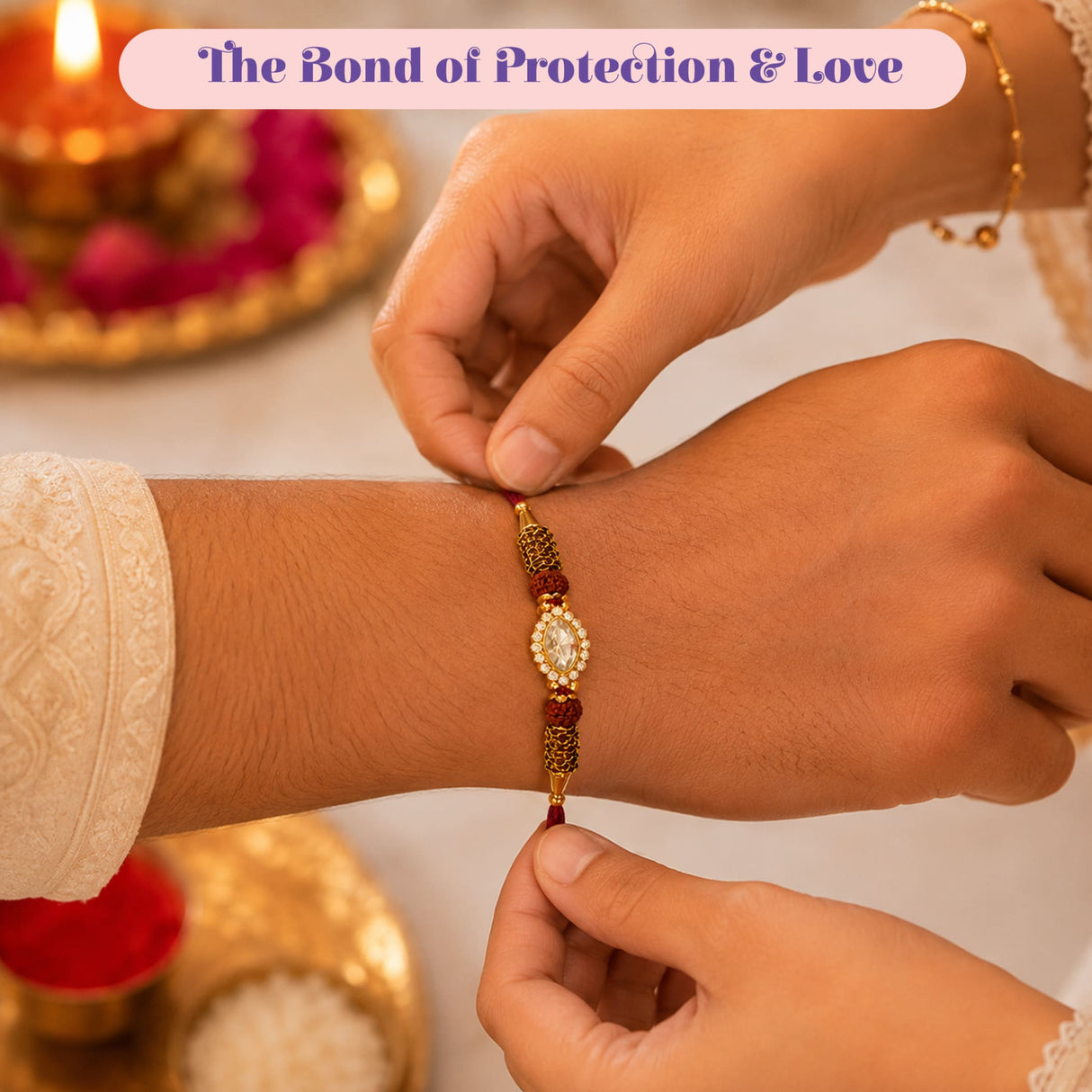Designer stone rakhi with gold color, central oval gemstone, rudraksha beads, and intricate metalwork for Raksha Bandhan