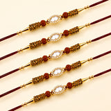 Five maroon designer stone rakhi bracelets with clear gemstones diamonds and rudraksha beads for raksha bandhan