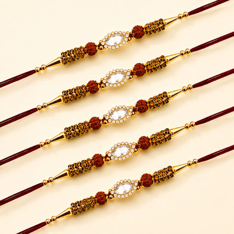 Five maroon designer stone rakhi bracelets with clear gemstones diamonds and rudraksha beads for raksha bandhan